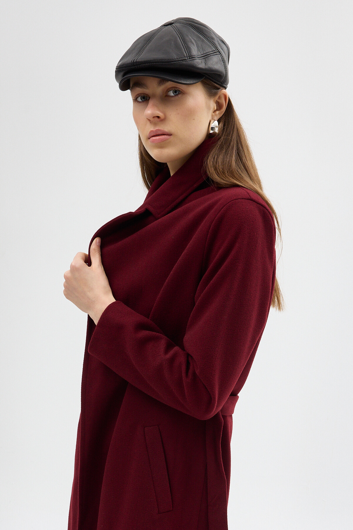 Bordo Kuşaklı Uzun Astarlı Kadın Kaban 7242A - 4