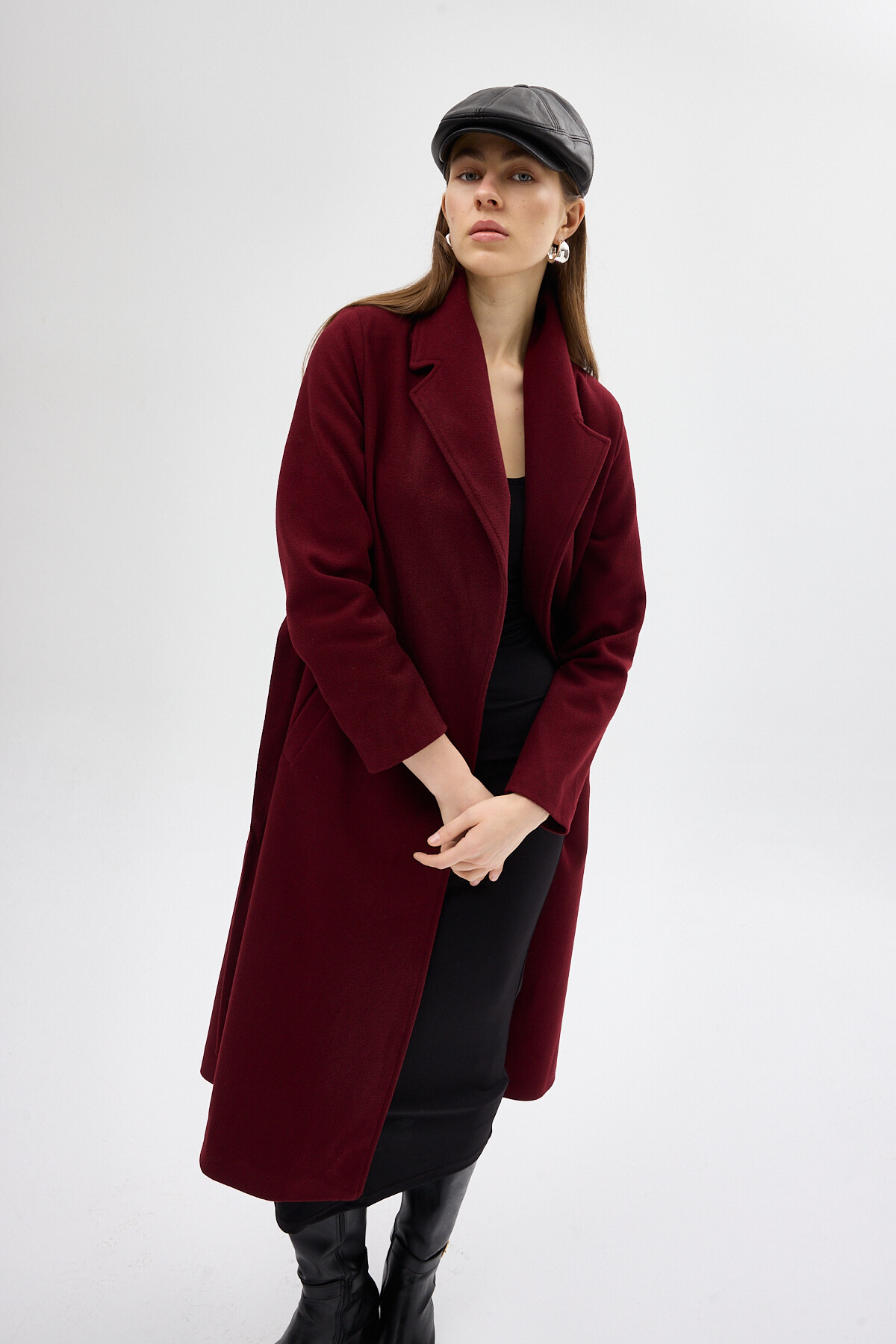 Bordo Kuşaklı Uzun Astarlı Kadın Kaban 7242A - 6