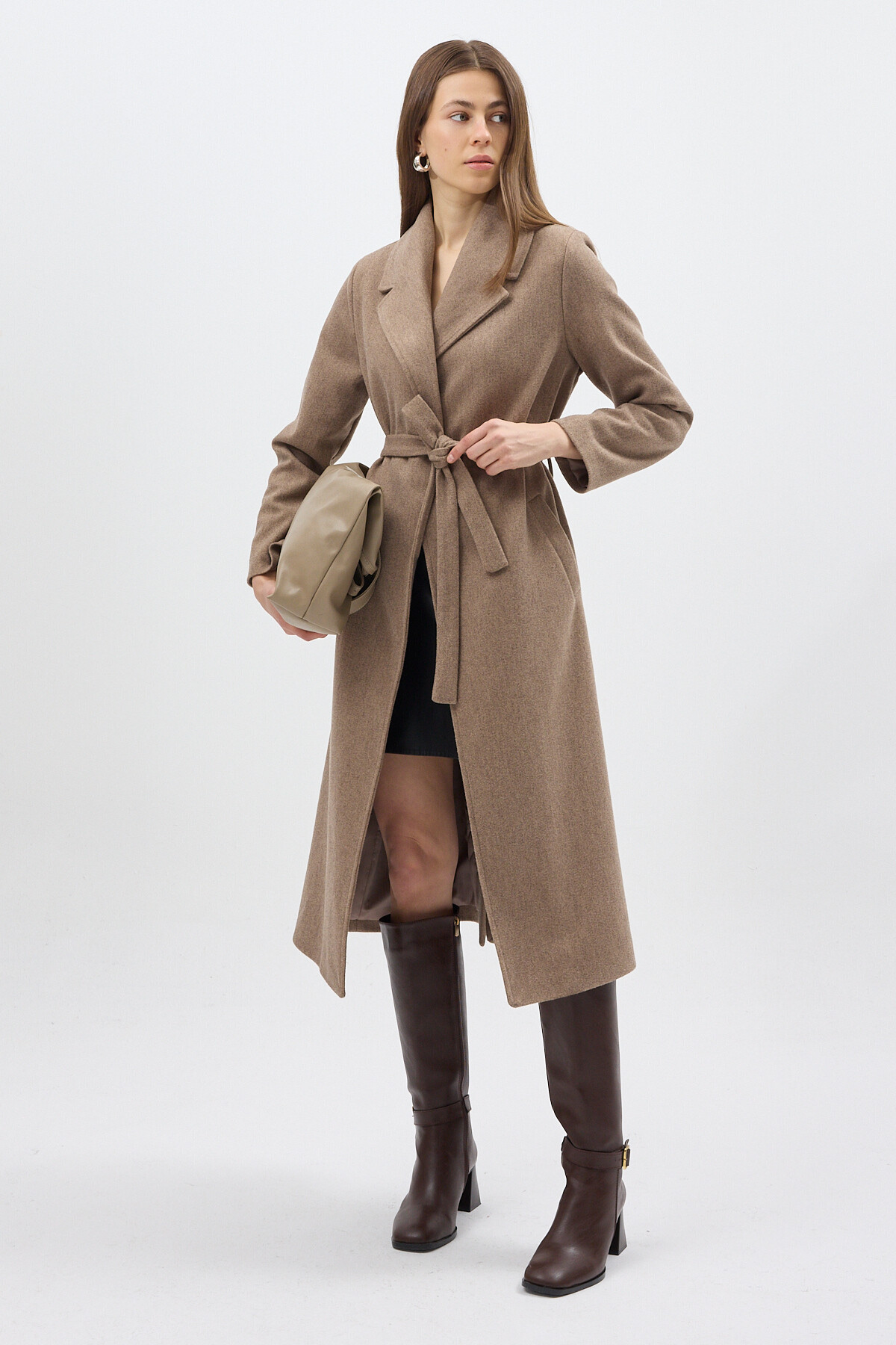 Camel Kuşaklı Uzun Astarlı Şal Yaka Kadın Kaban 7242A - RAYS