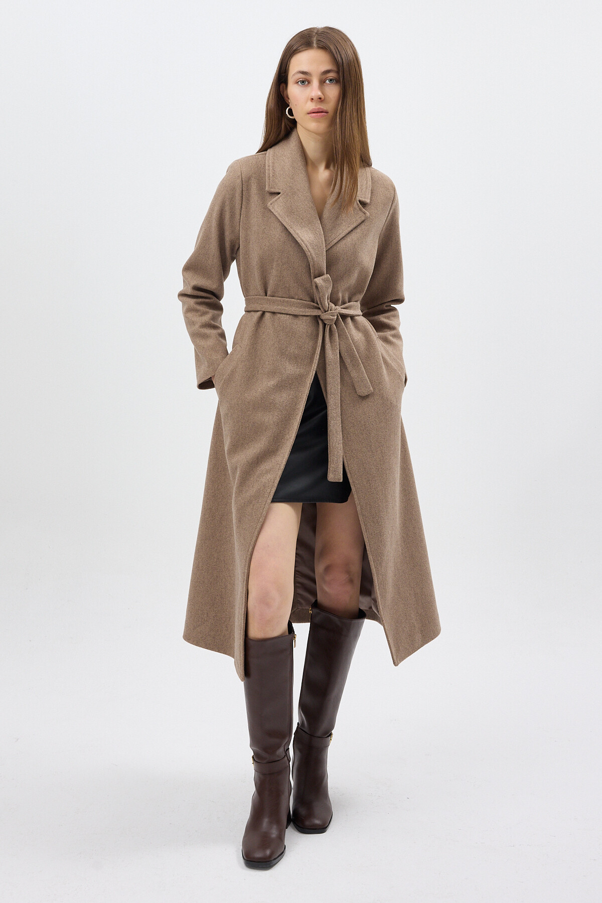 Camel Kuşaklı Uzun Astarlı Şal Yaka Kadın Kaban 7242A - 7