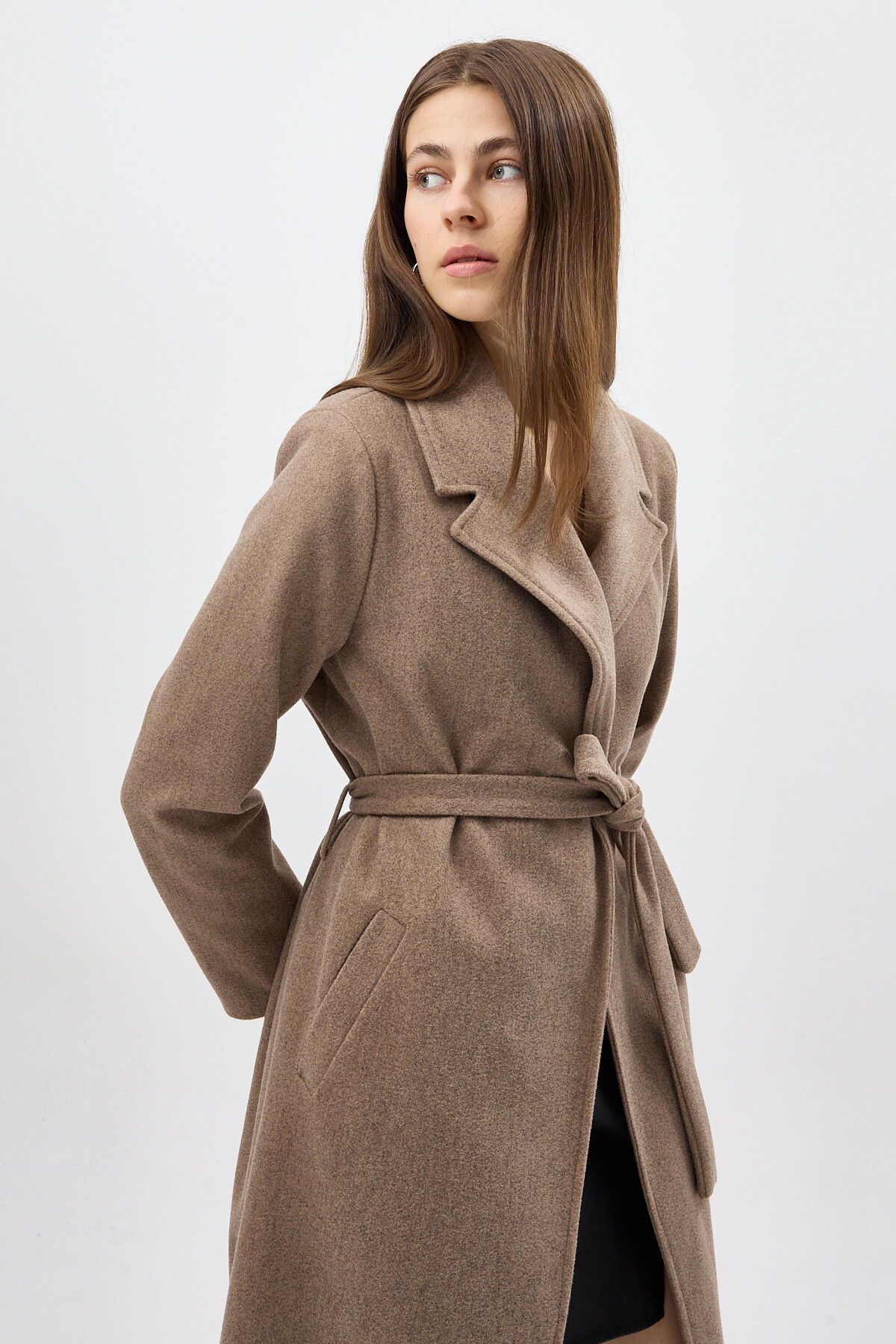 Camel Kuşaklı Uzun Astarlı Şal Yaka Kadın Kaban 7242A - 3