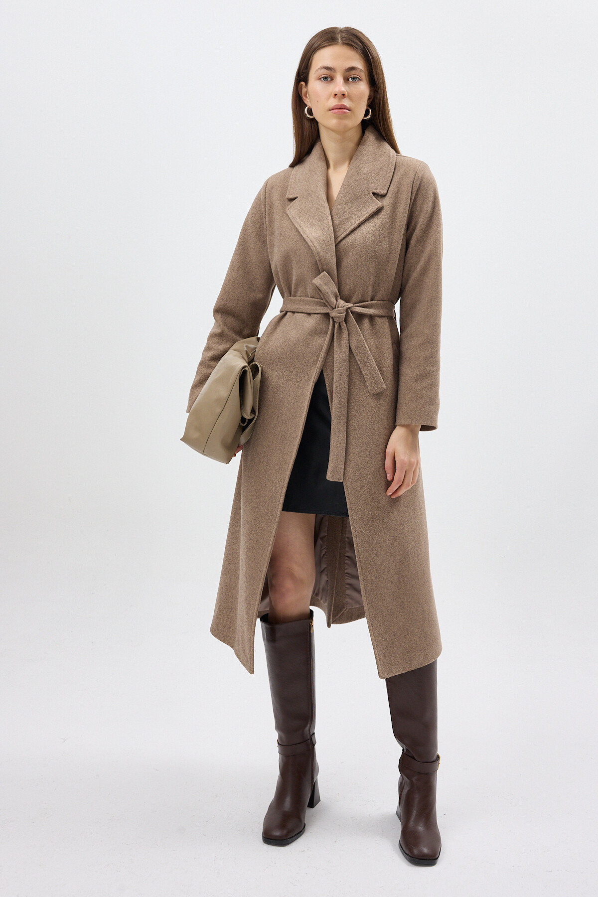 Camel Kuşaklı Uzun Astarlı Şal Yaka Kadın Kaban 7242A - 2