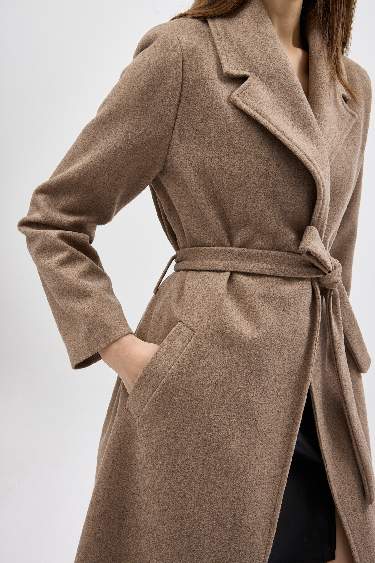 Camel Kuşaklı Uzun Astarlı Şal Yaka Kadın Kaban 7242A - 4