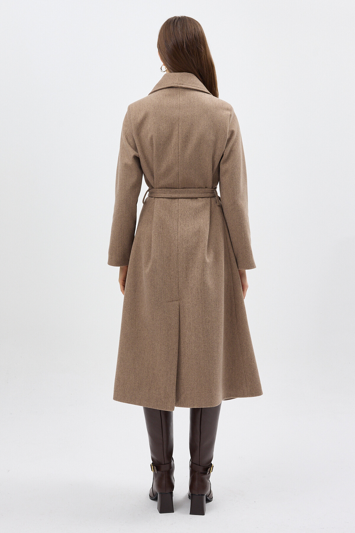 Camel Kuşaklı Uzun Astarlı Şal Yaka Kadın Kaban 7242A - 5