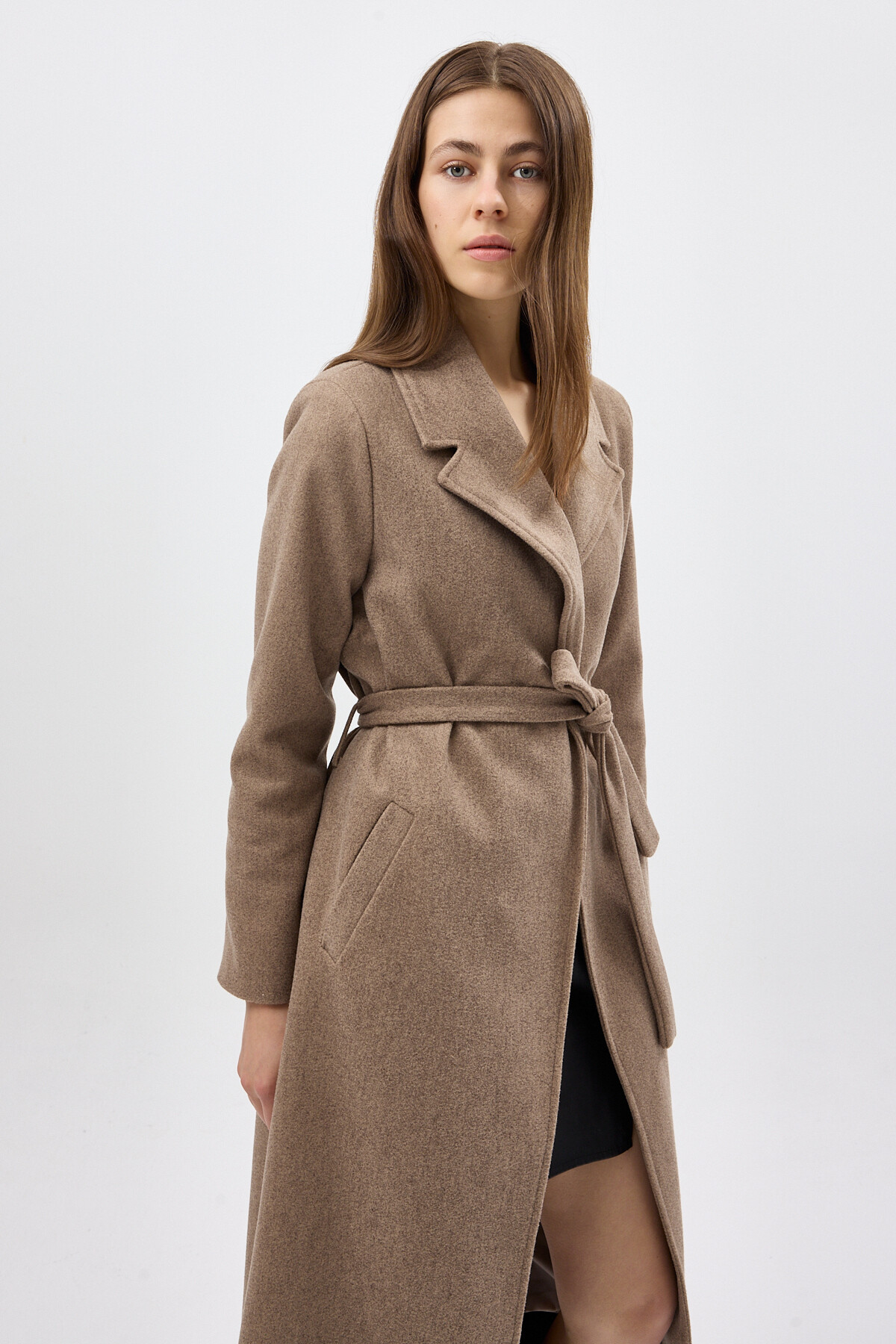 Camel Kuşaklı Uzun Astarlı Şal Yaka Kadın Kaban 7242A - 6