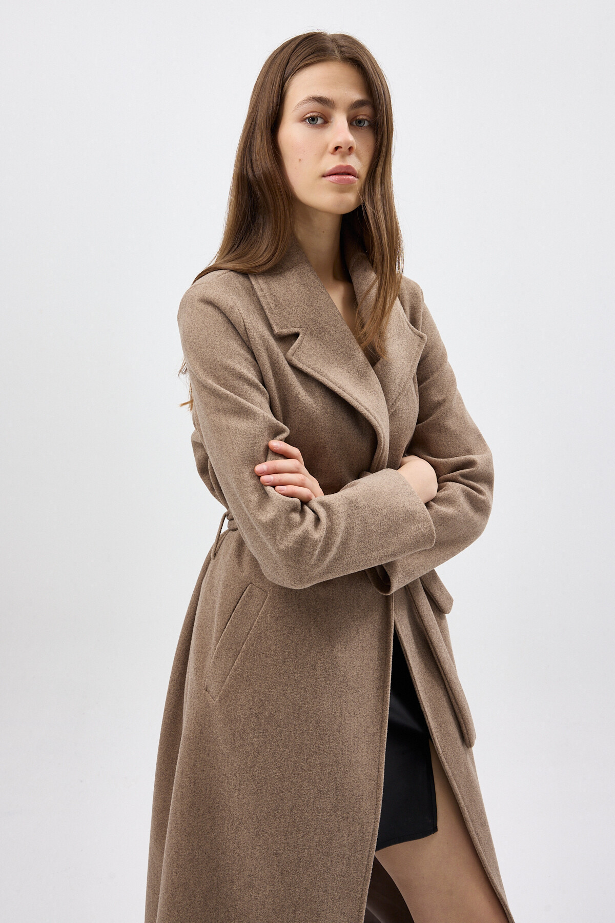 Camel Kuşaklı Uzun Astarlı Şal Yaka Kadın Kaban 7242A - 8