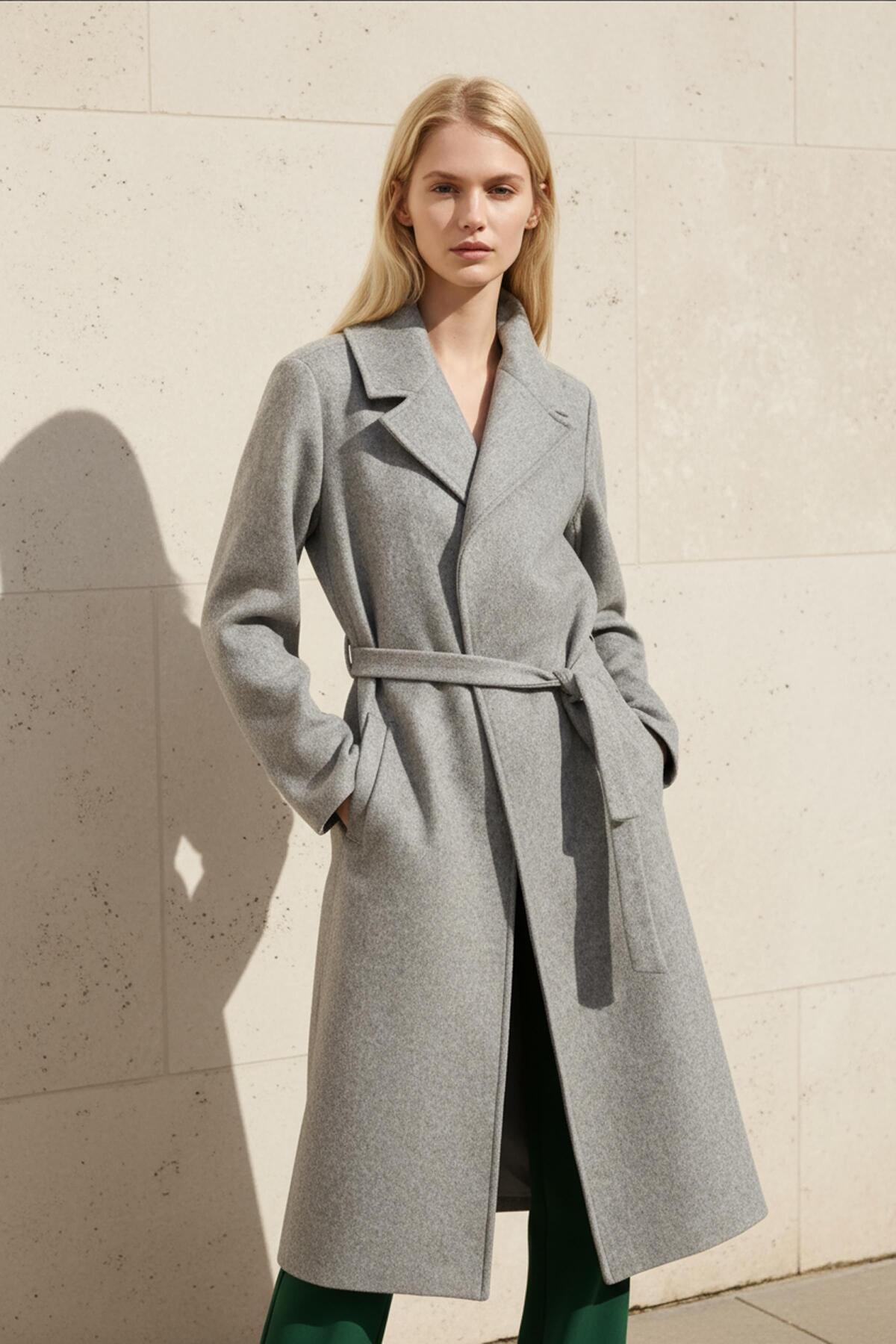 7242A Bel Bağlamalı Uzun Astarlı Kaban Gri - RAYS