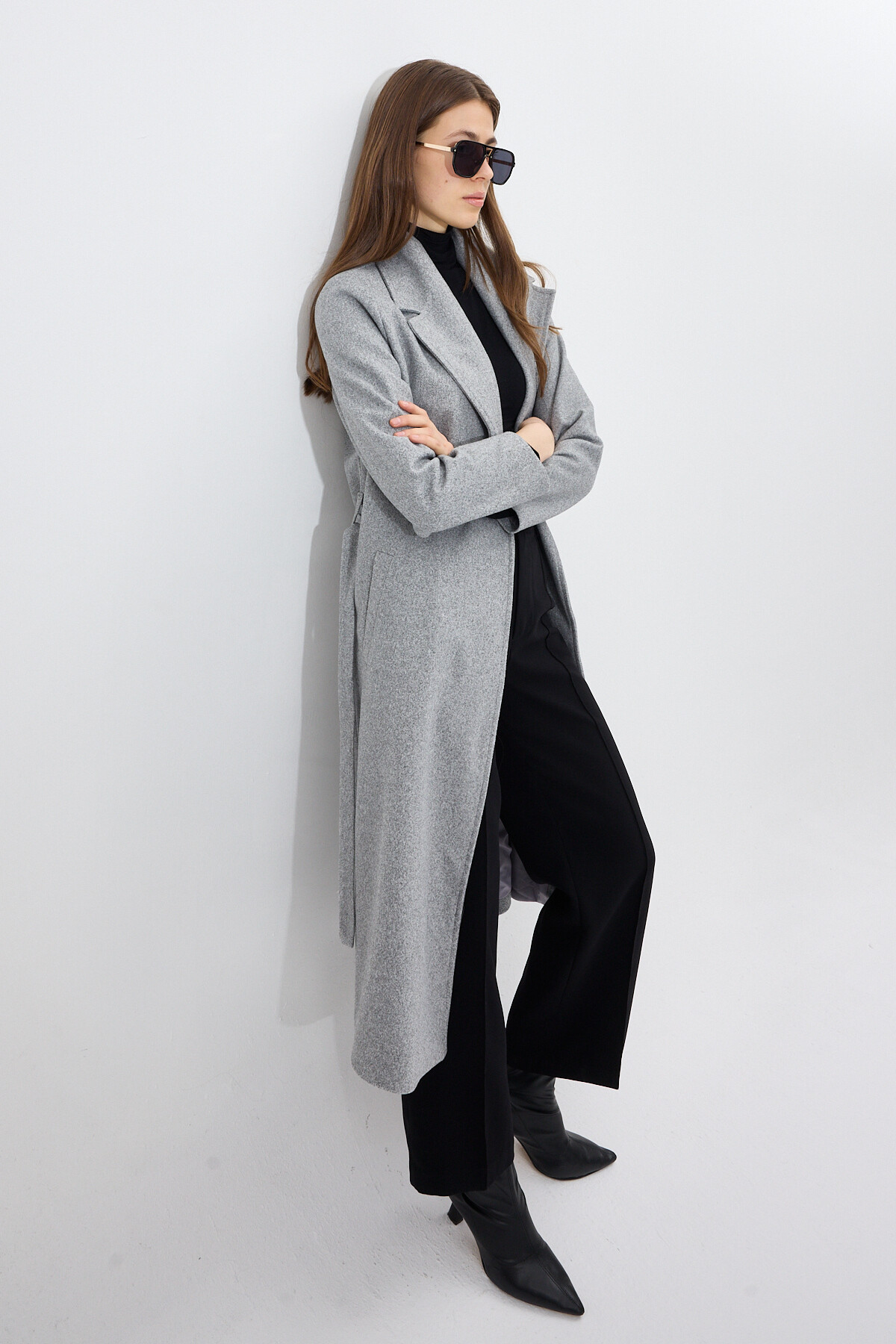 Gri Kuşaklı Uzun Astarlı Kadın Kaban 7242A - 6