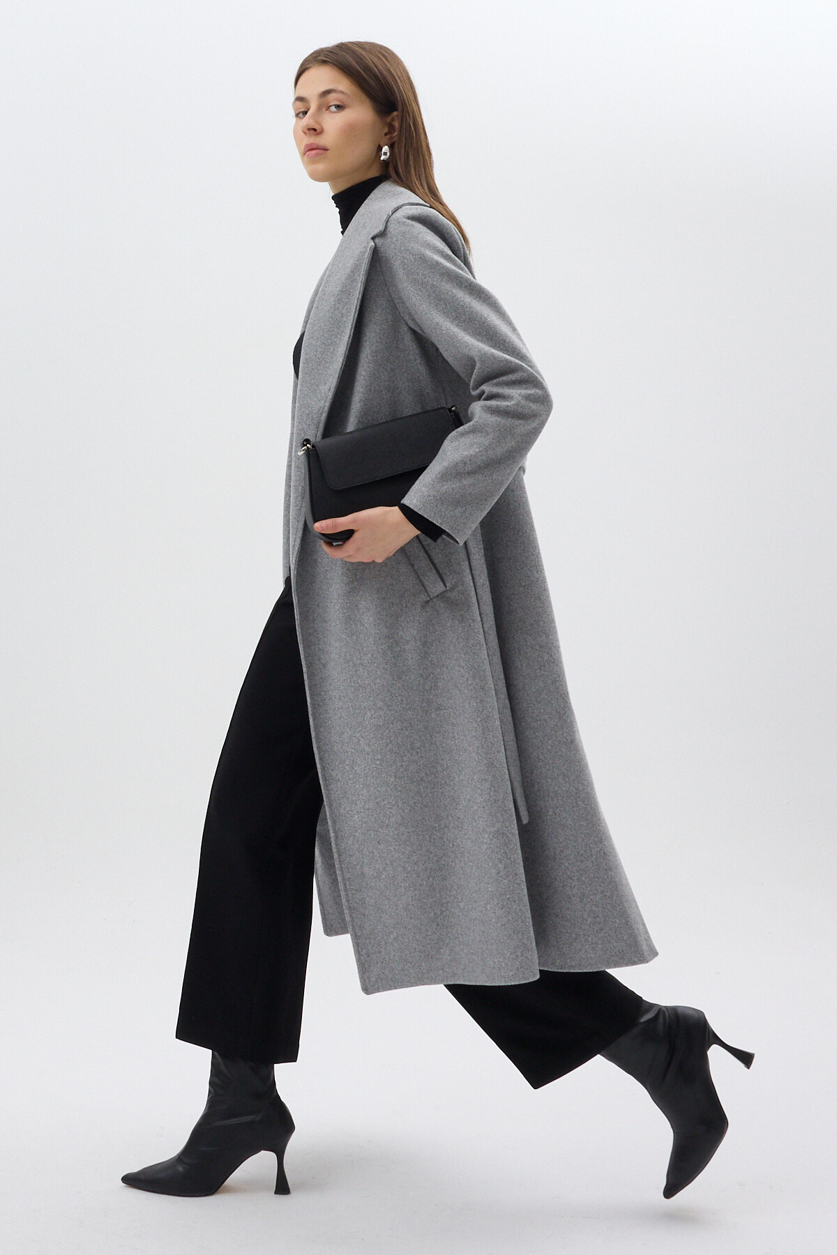 Gri Kuşaklı Uzun Astarlı Kadın Kaban 7242A - RAYS