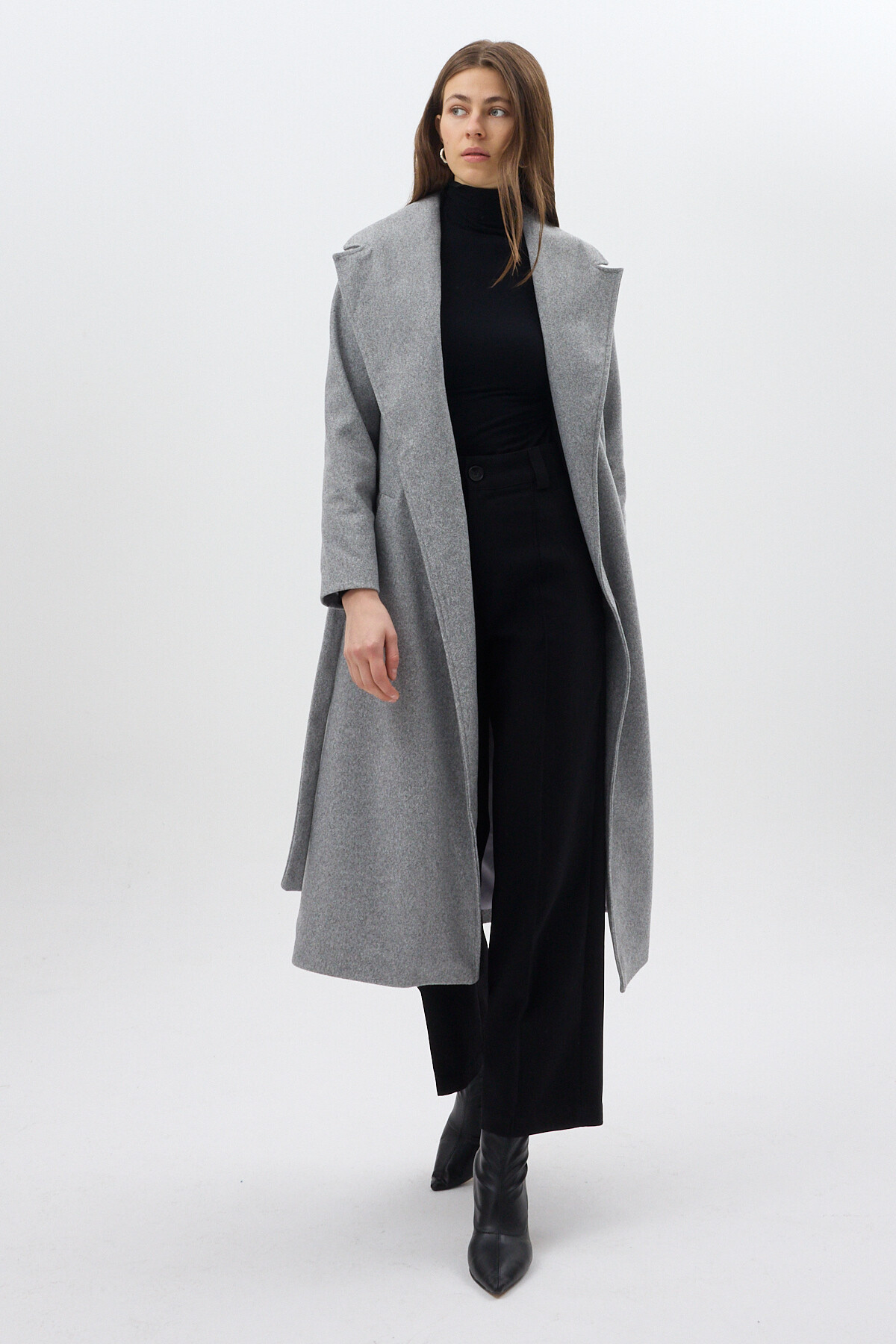 Gri Kuşaklı Uzun Astarlı Kadın Kaban 7242A - 7