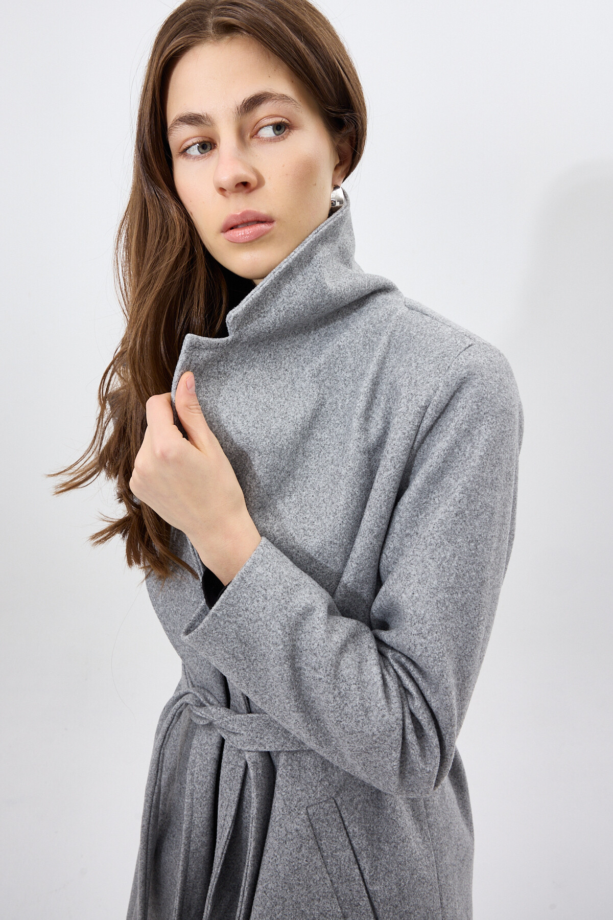 Gri Kuşaklı Uzun Astarlı Kadın Kaban 7242A - 8