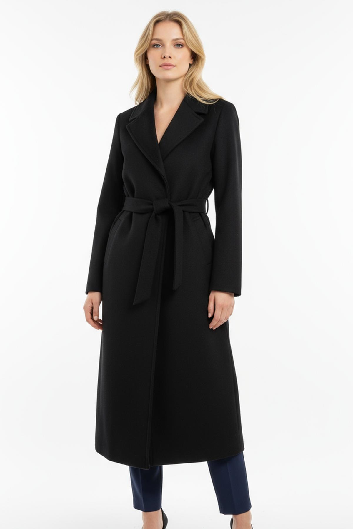 7242A Bel Bağlamalı Uzun Astarlı Kaban Siyah - RAYS