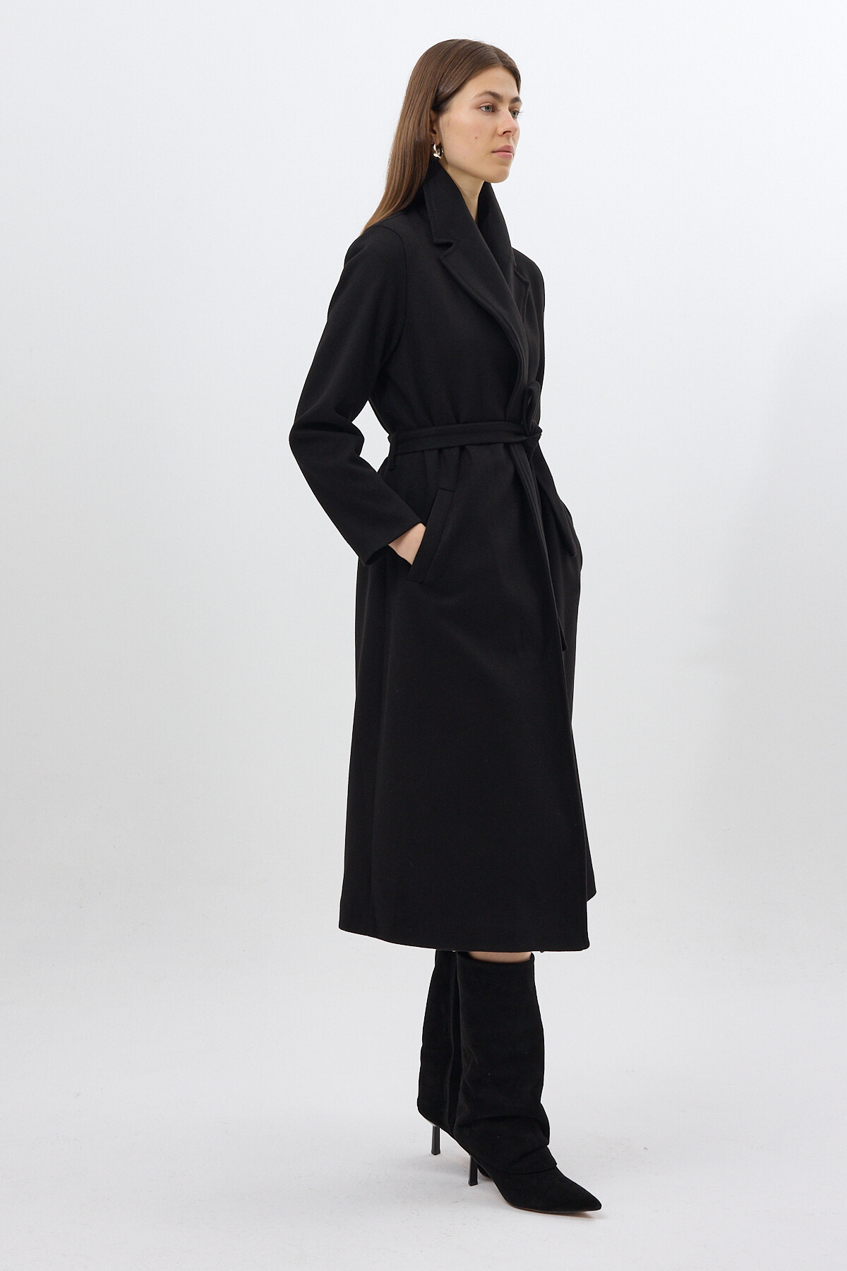 Siyah Kuşaklı Uzun Astarlı Kadın Kaban 7242A - 2