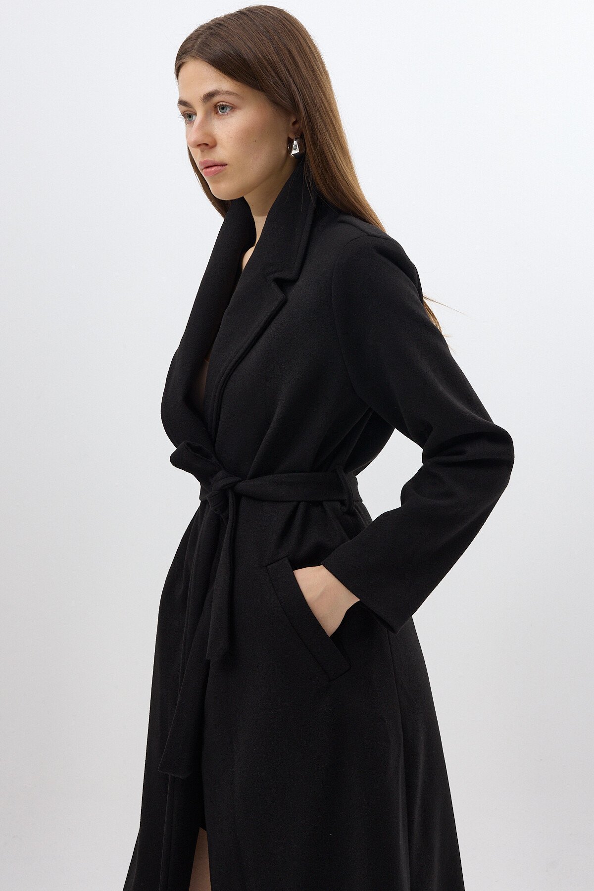 Siyah Kuşaklı Uzun Astarlı Kadın Kaban 7242A - 6