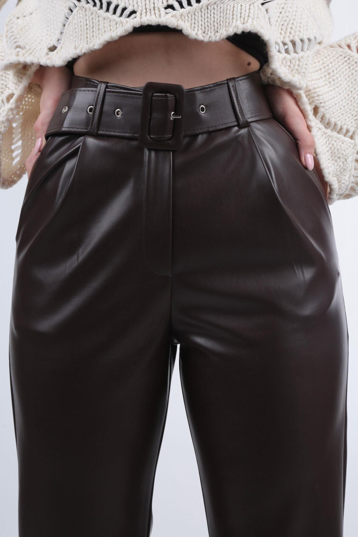 Kahve Kaplama Kemer Deri Pantolon 7247A 