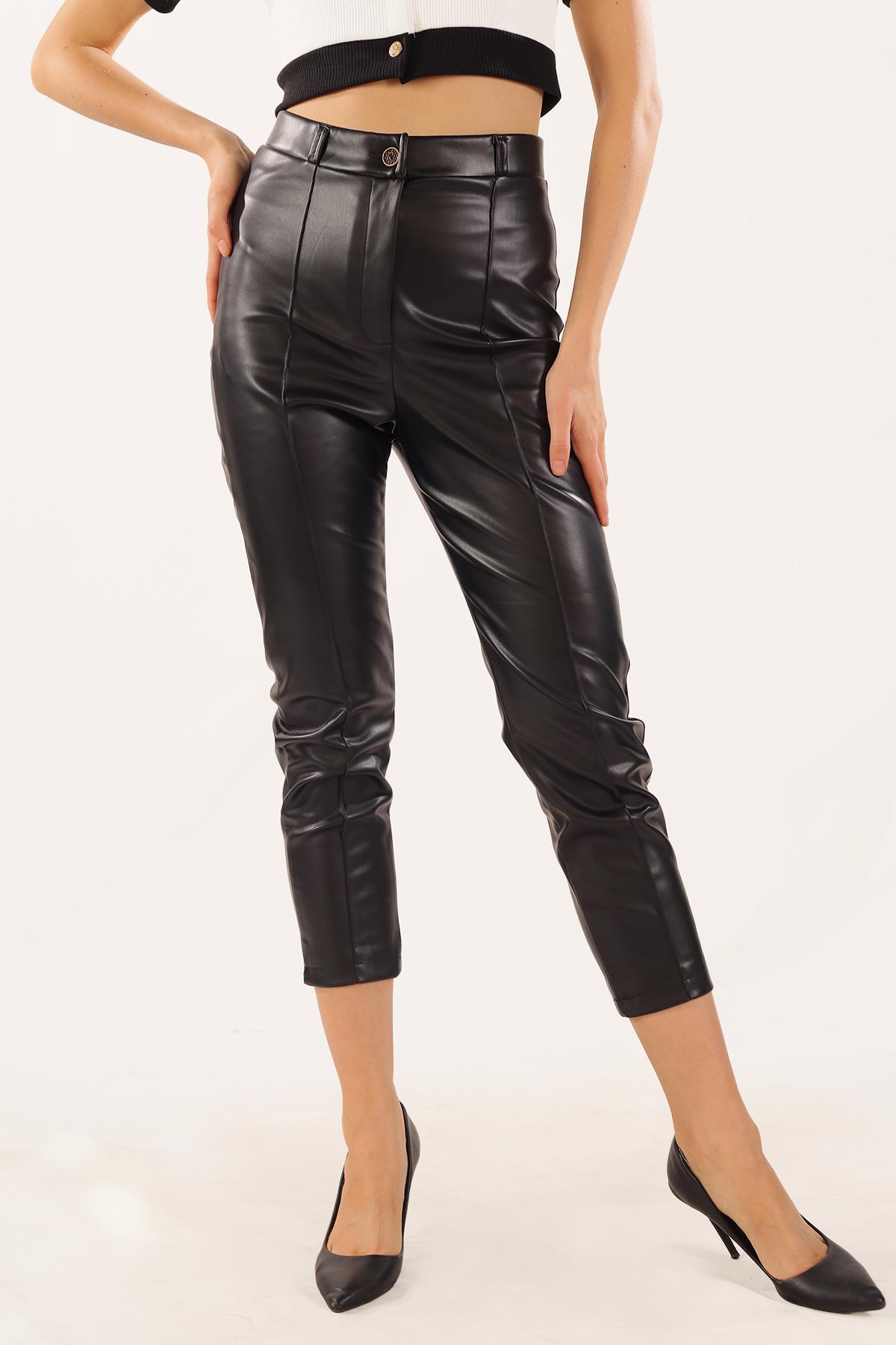 Siyah Çıma Detay Deri Pantolon 7248A - 1