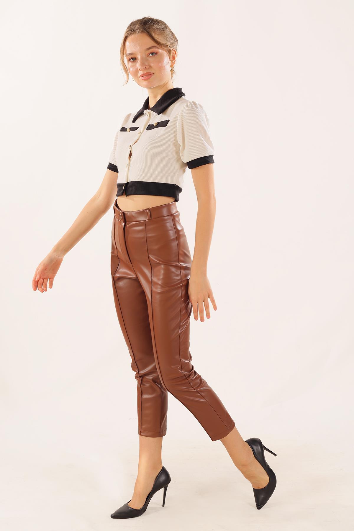 Taba Çıma Detay Deri Pantolon 7248A - 1