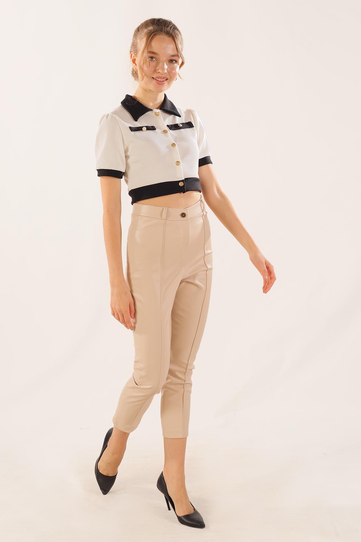 7248A Çıma Detay Deri Pantolon Taş - 1