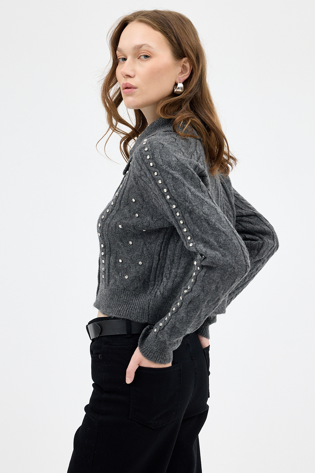 Antrasit Kadın Taş İşlemeli Örgü Hırka 7265 - 2
