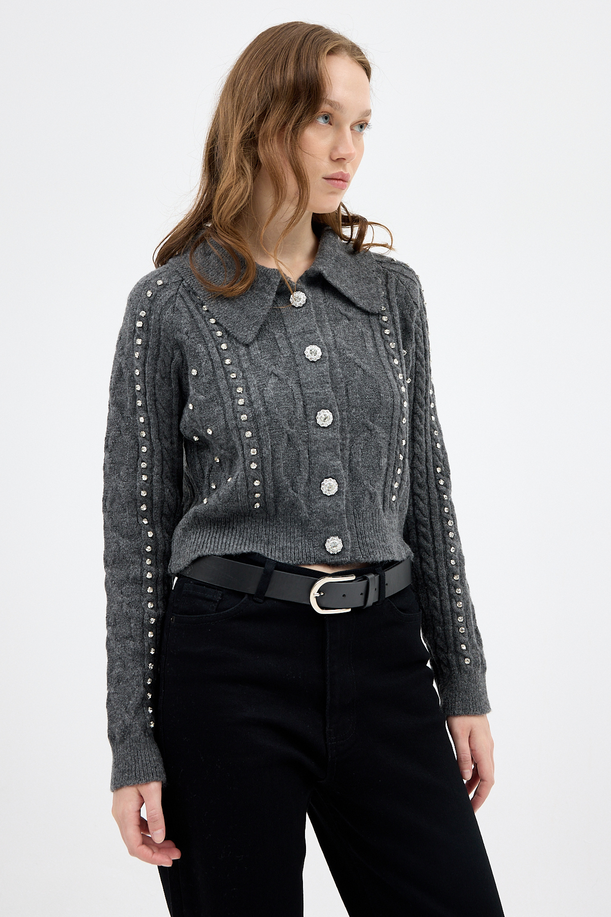 Antrasit Kadın Taş İşlemeli Örgü Hırka 7265 - 6