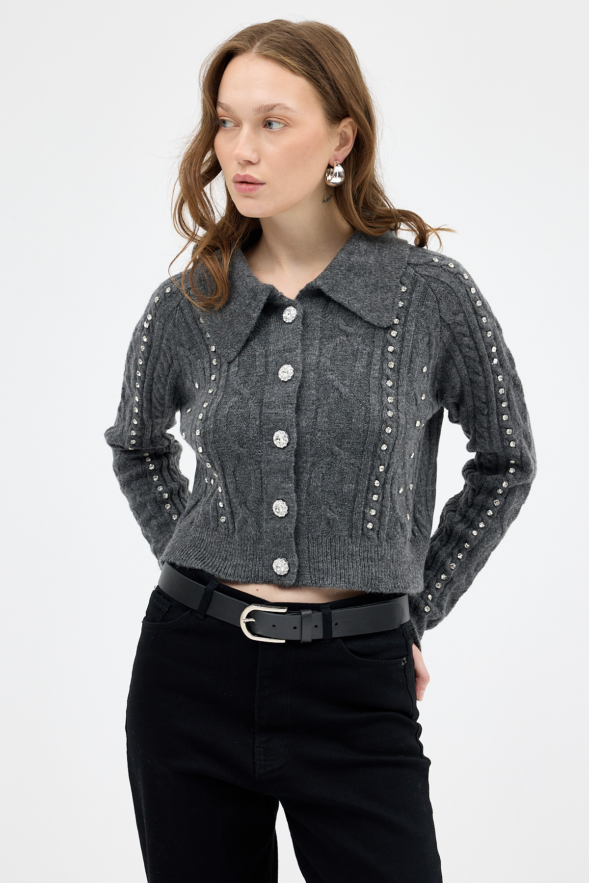 Antrasit Kadın Taş İşlemeli Örgü Hırka 7265 - 7