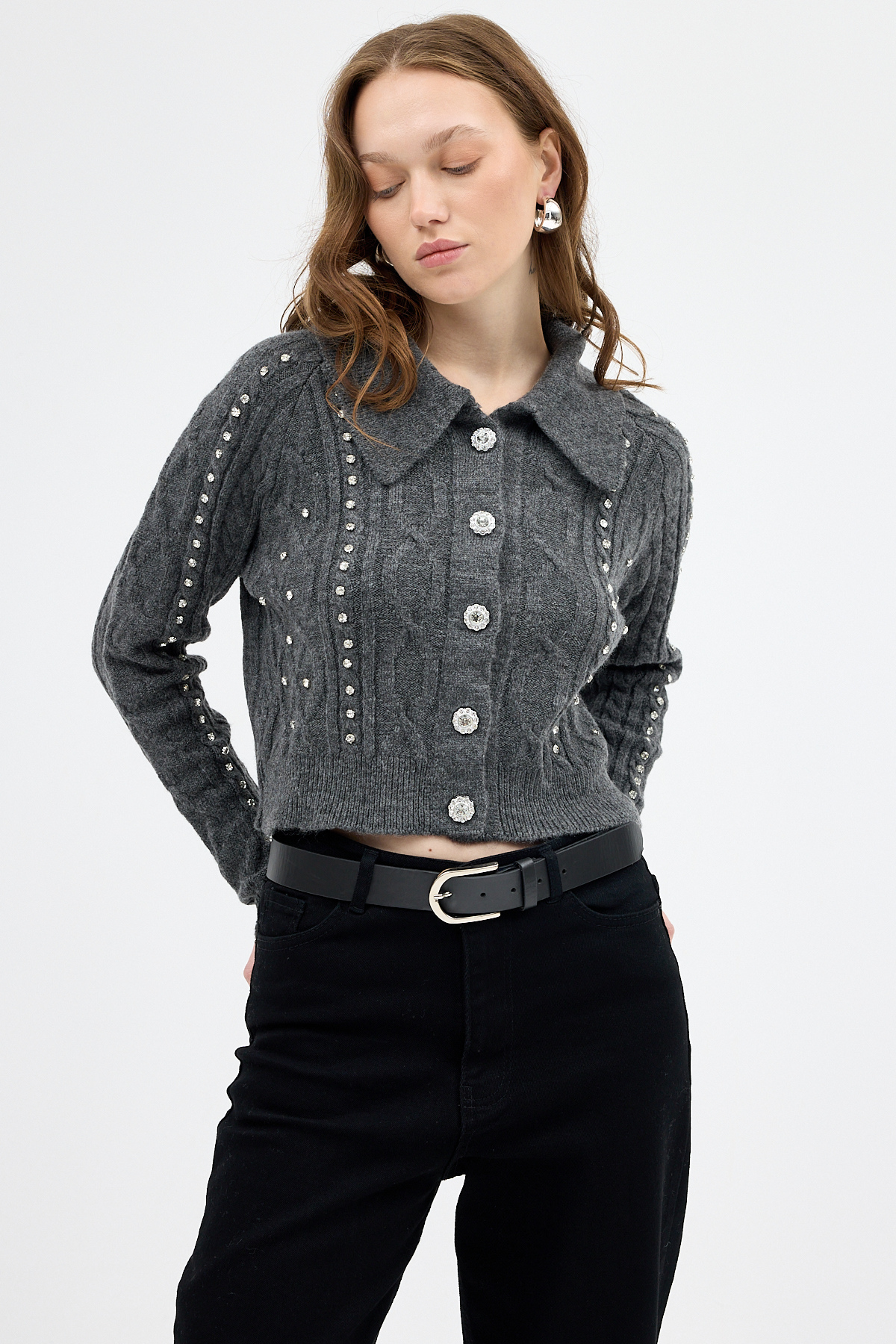 Antrasit Kadın Taş İşlemeli Örgü Hırka 7265 - 1