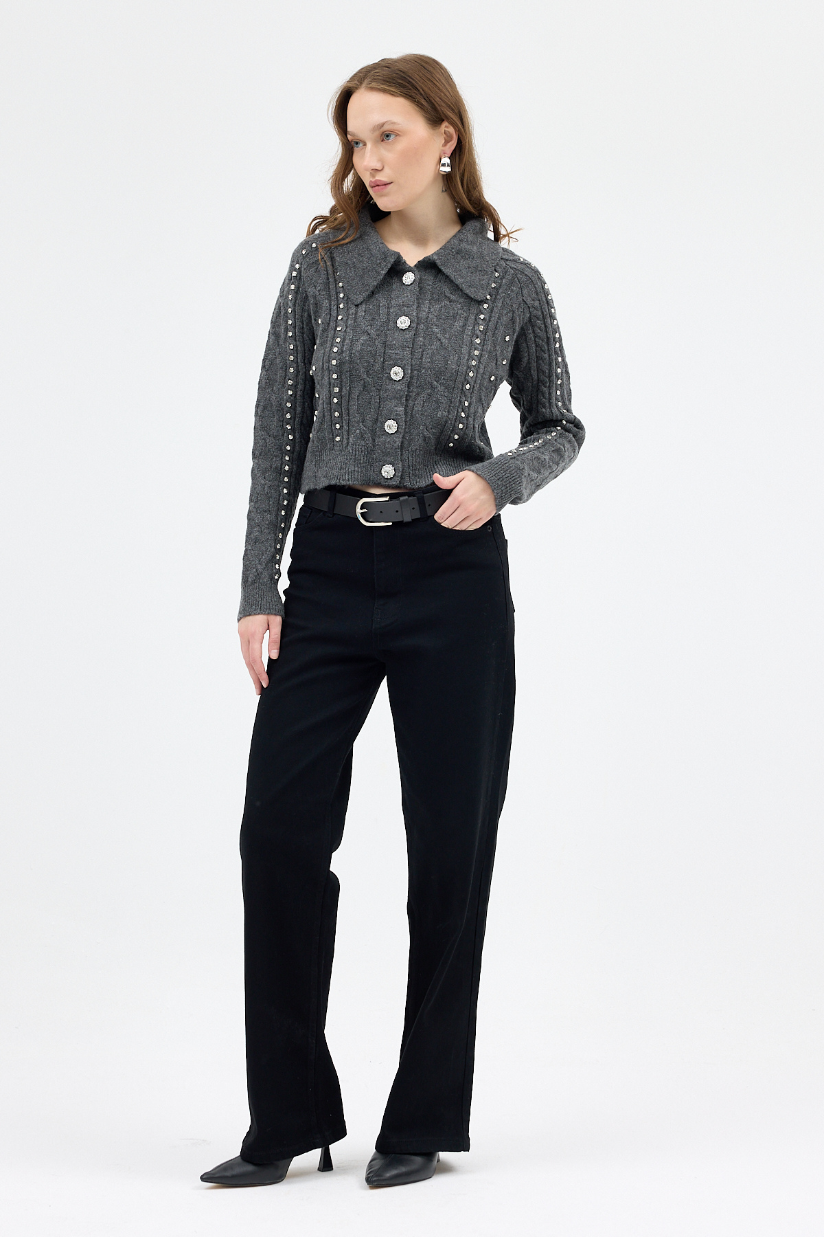 Antrasit Kadın Taş İşlemeli Örgü Hırka 7265 - 3