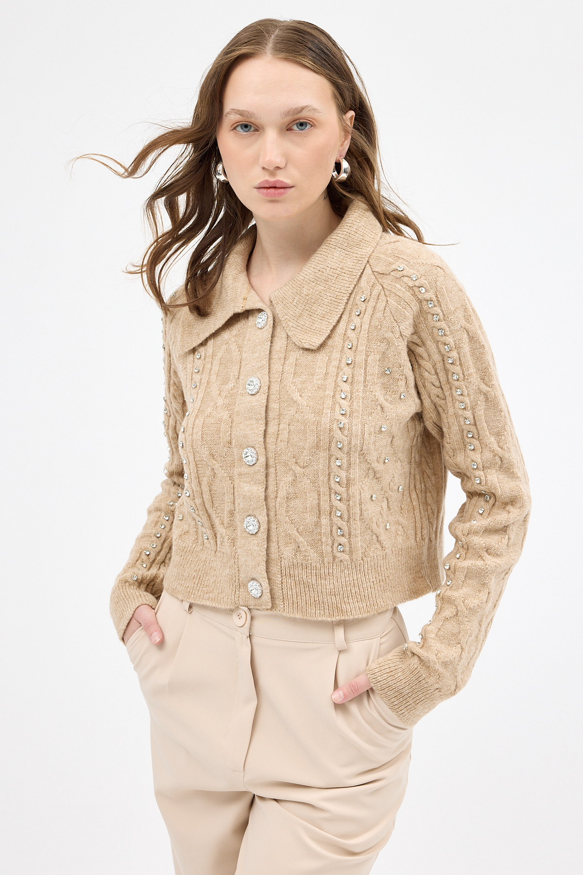Bej Kadın Taş İşlemeli Örgü Hırka 7265 - 1