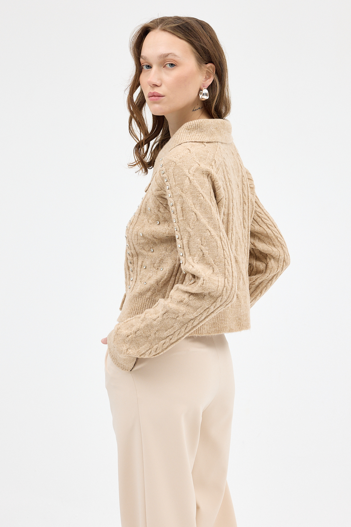 Bej Kadın Taş İşlemeli Örgü Hırka 7265 - 6