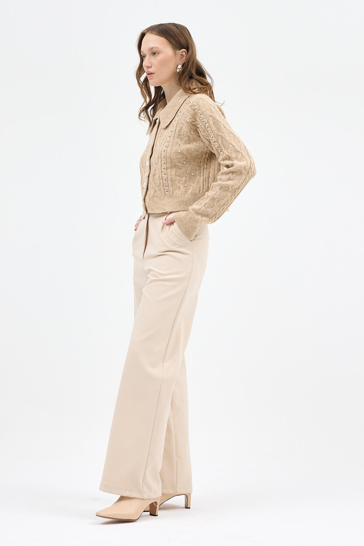 Bej Kadın Taş İşlemeli Örgü Hırka 7265 - 7