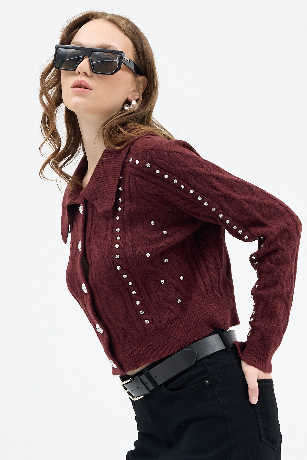 Bordo Kadın Taş İşlemeli Örgü Hırka 7265 - RAYS