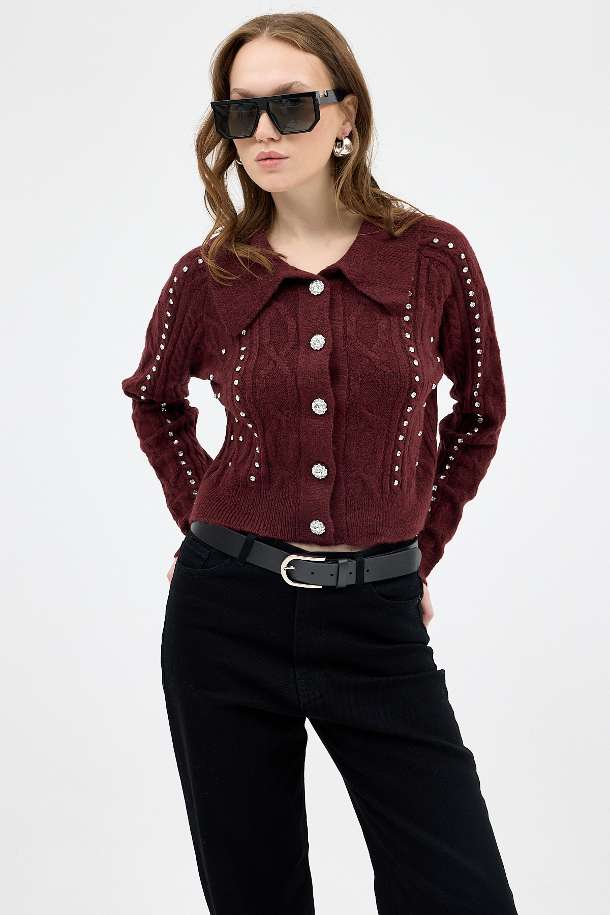 Bordo Kadın Taş İşlemeli Örgü Hırka 7265 - RAYS