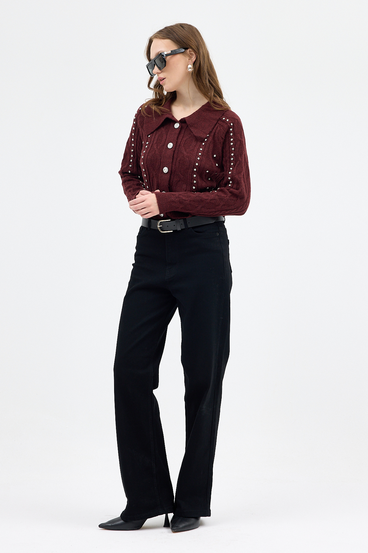 Bordo Kadın Taş İşlemeli Örgü Hırka 7265 - 7
