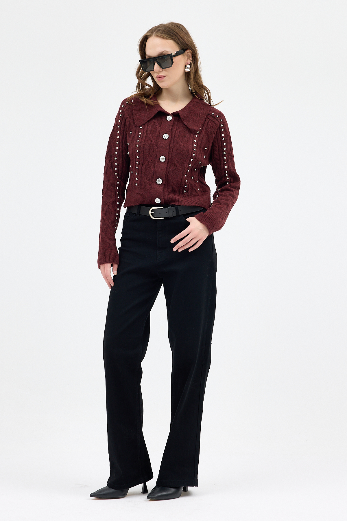 Bordo Kadın Taş İşlemeli Örgü Hırka 7265 - 3