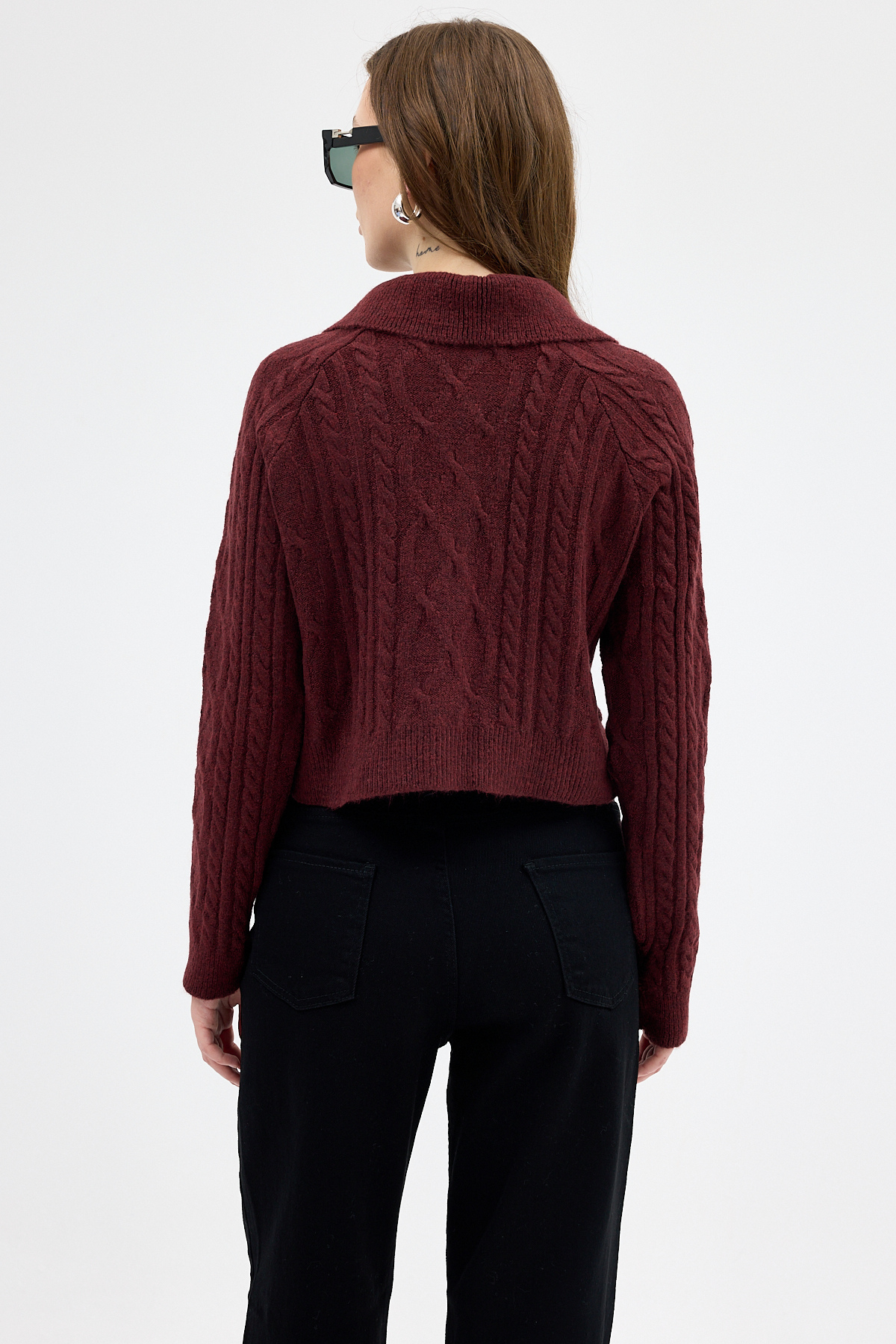 Bordo Kadın Taş İşlemeli Örgü Hırka 7265 - 5