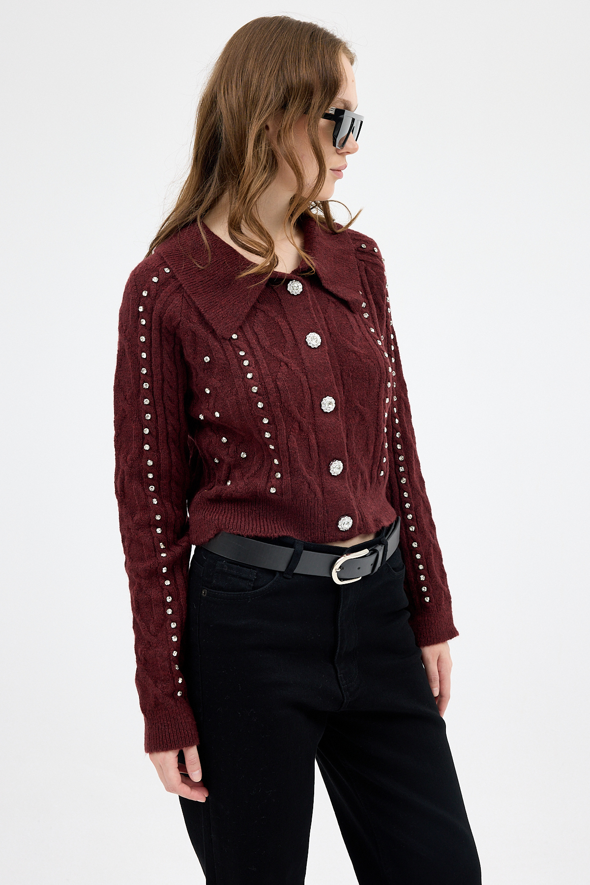 Bordo Kadın Taş İşlemeli Örgü Hırka 7265 - 6