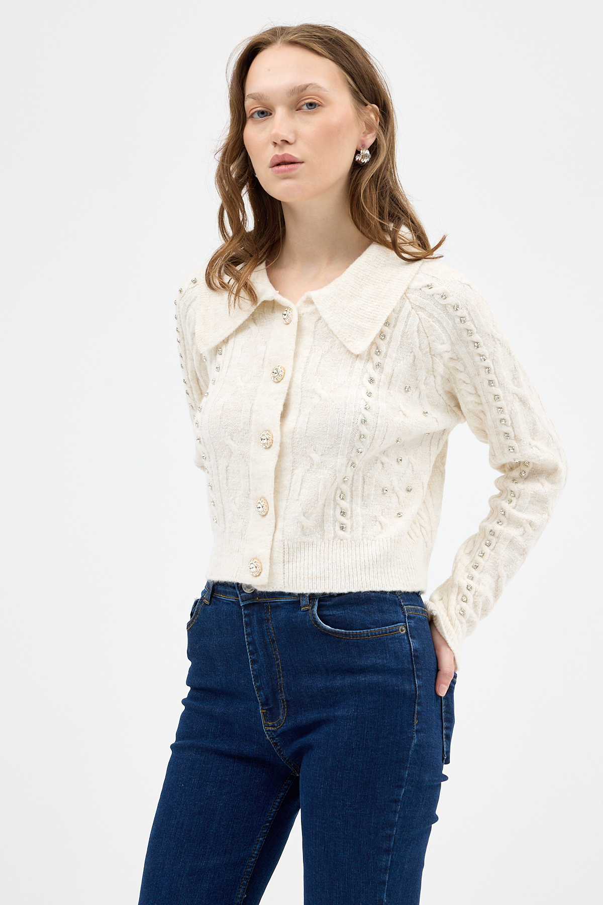 Natural Kadın Taş İşlemeli Örgü Hırka 7265 - RAYS