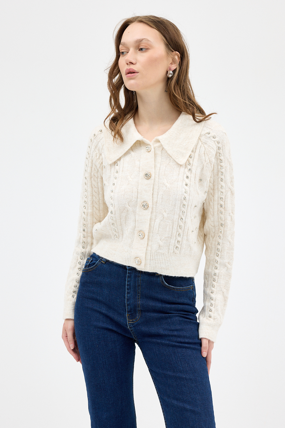 Natural Kadın Taş İşlemeli Örgü Hırka 7265 - 7