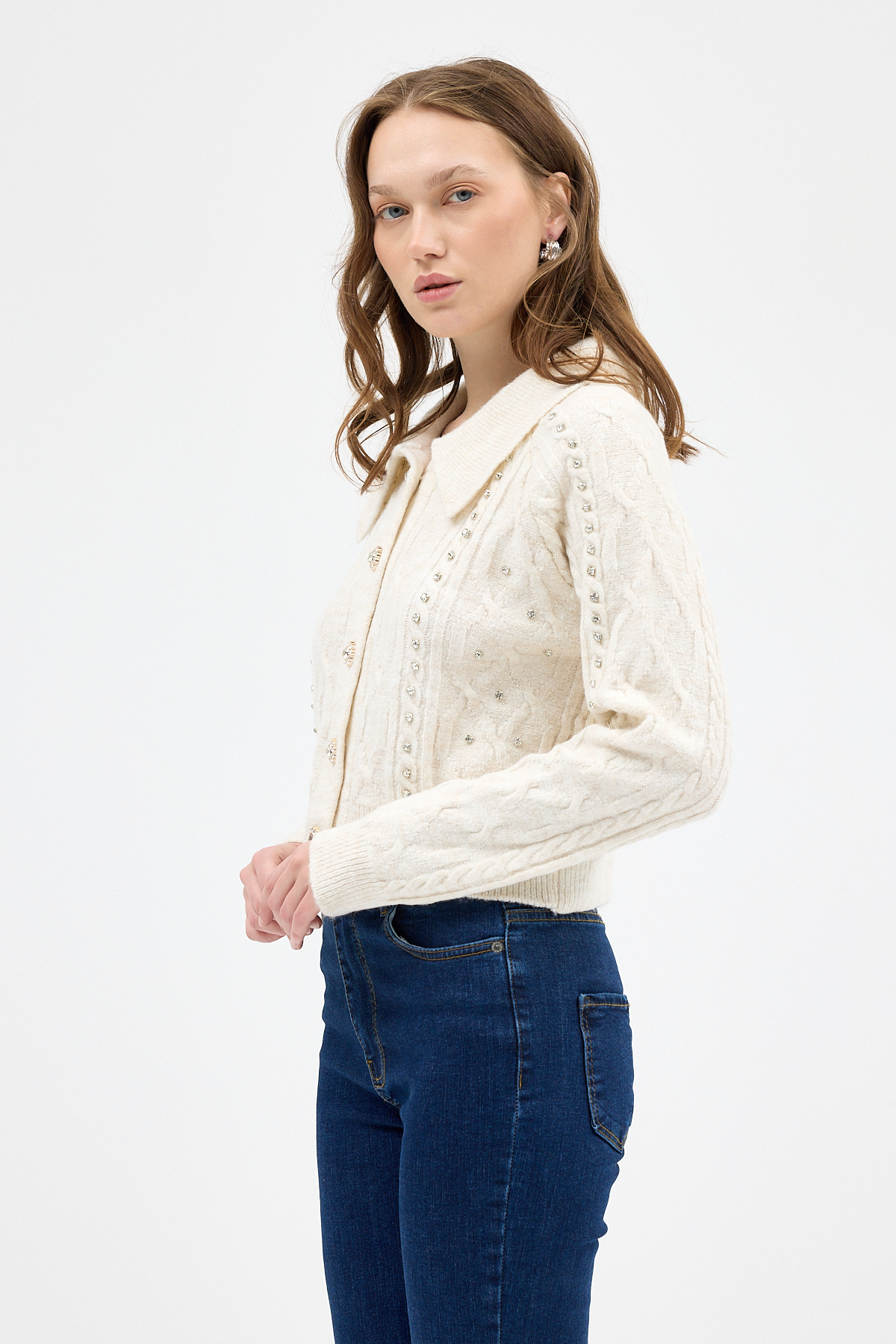 Natural Kadın Taş İşlemeli Örgü Hırka 7265 - 2