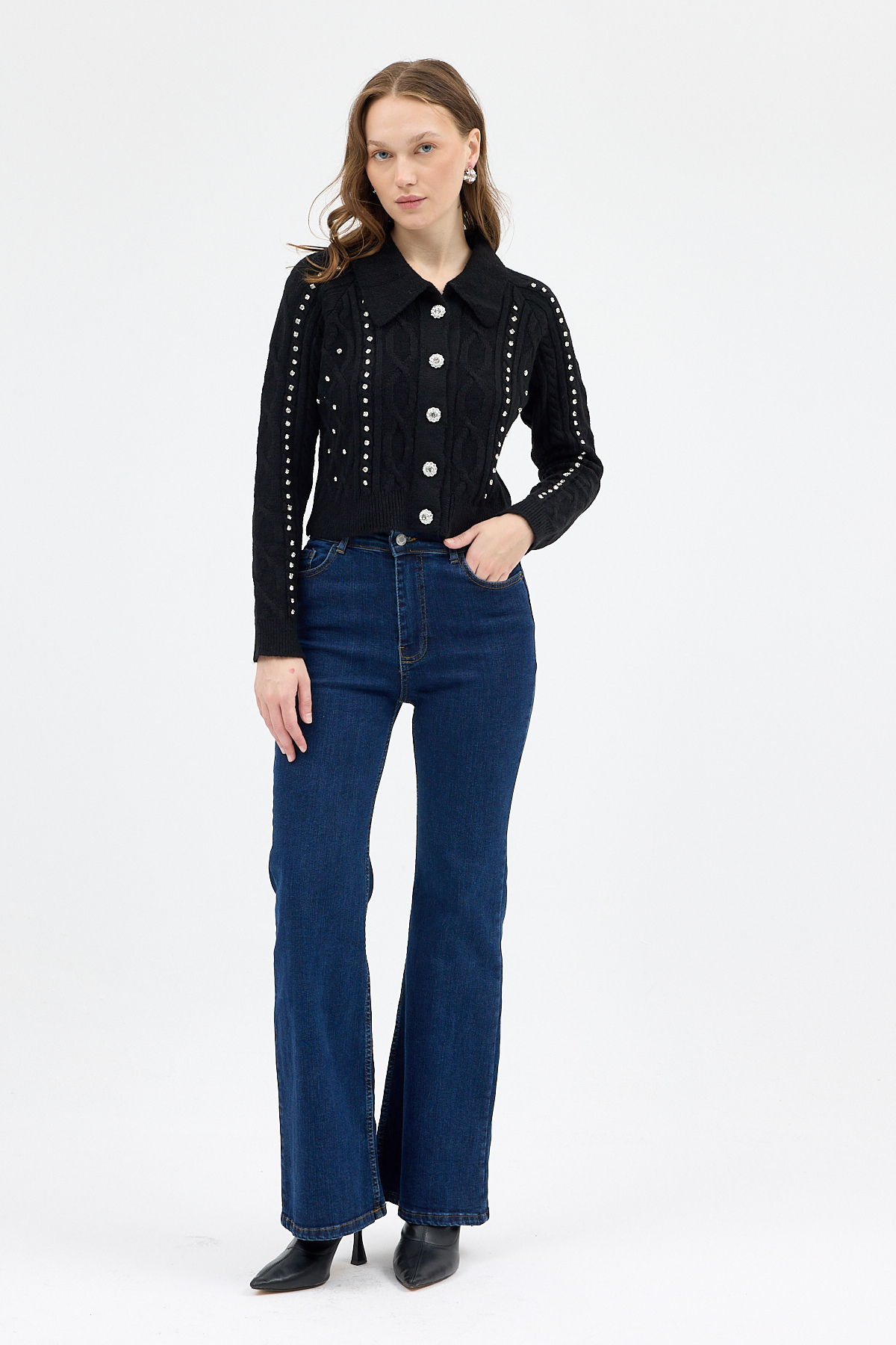 Siyah Kadın Taş İşlemeli Örgü Hırka 7265 - 3