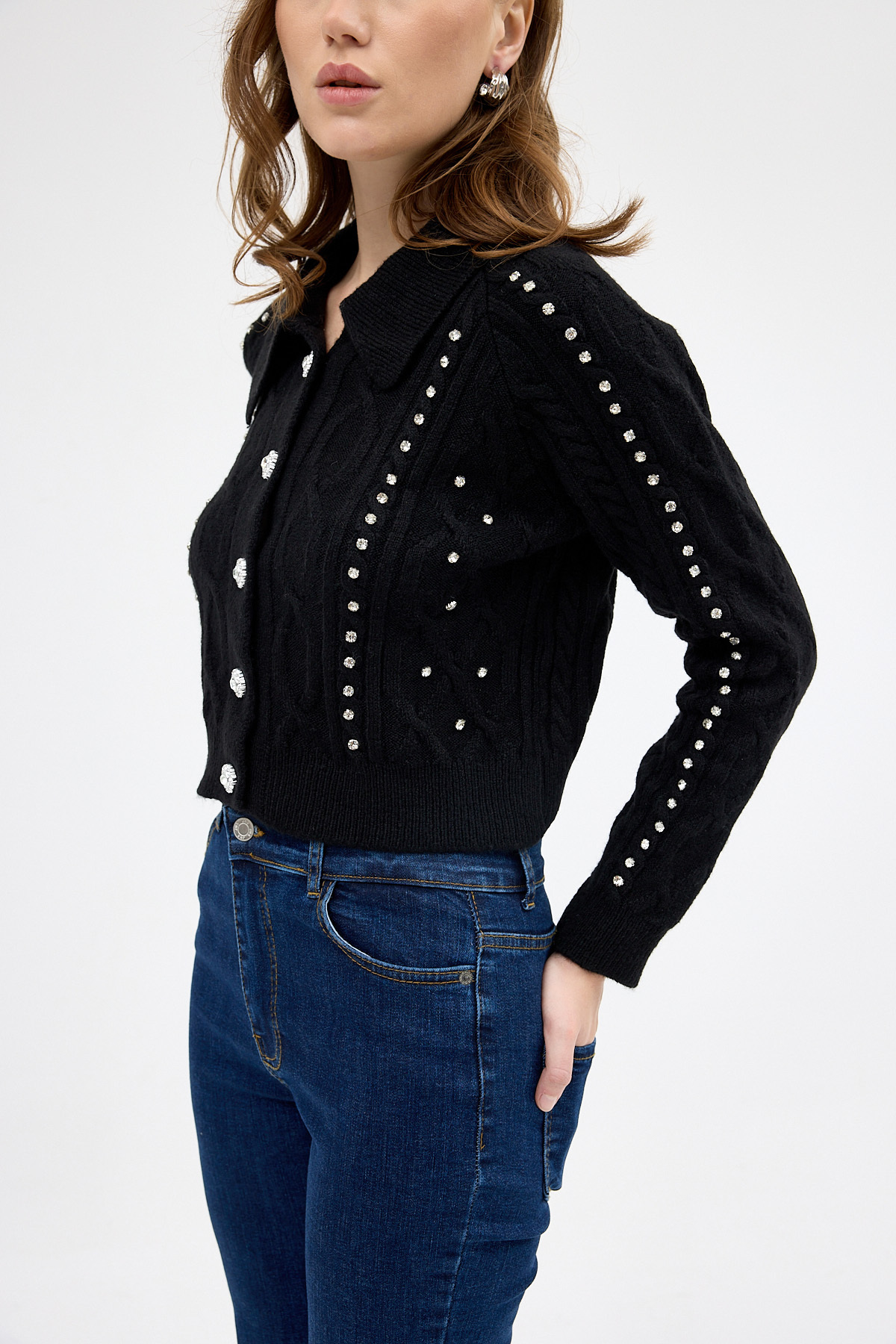 Siyah Kadın Taş İşlemeli Örgü Hırka 7265 - RAYS