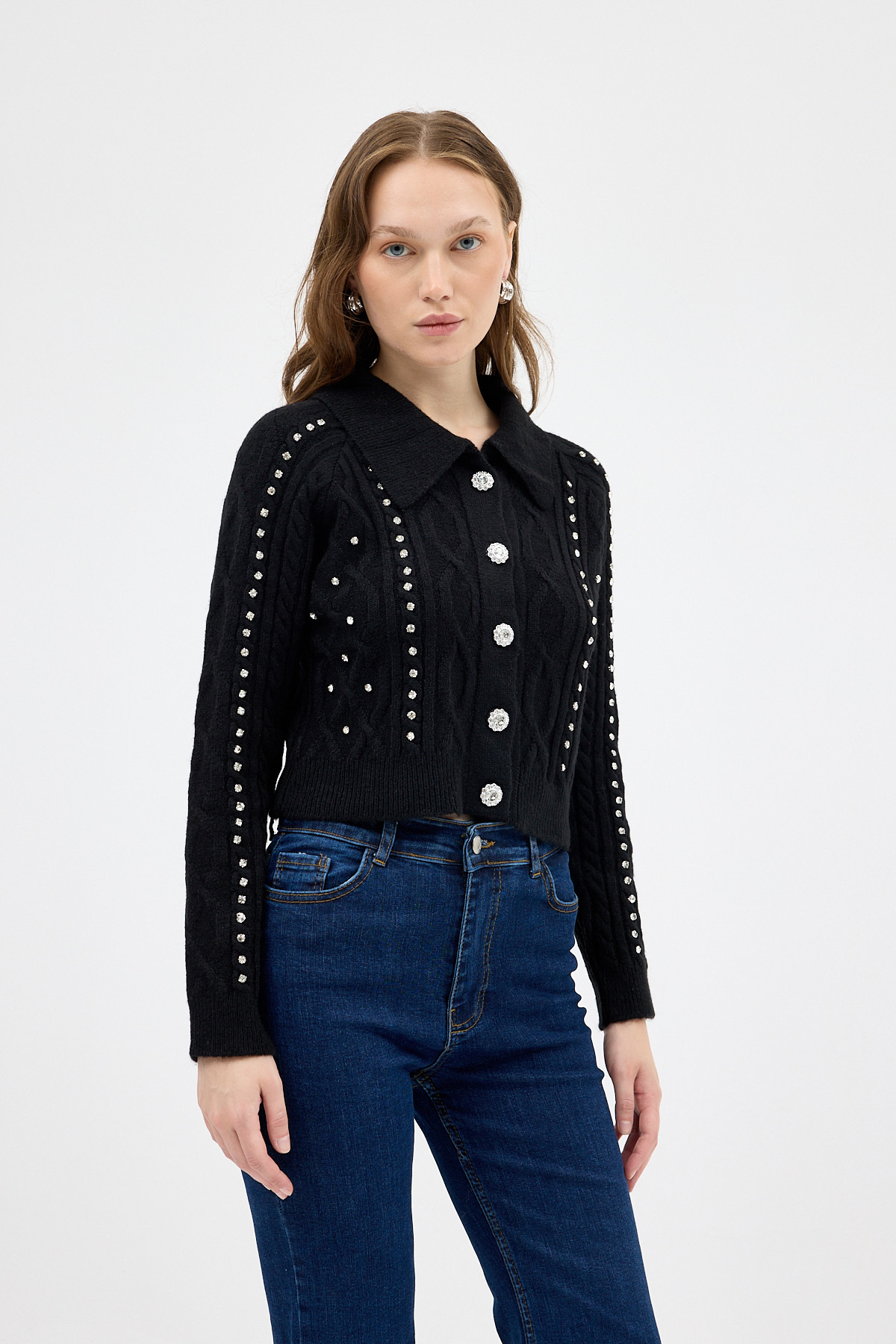 Siyah Kadın Taş İşlemeli Örgü Hırka 7265 - RAYS