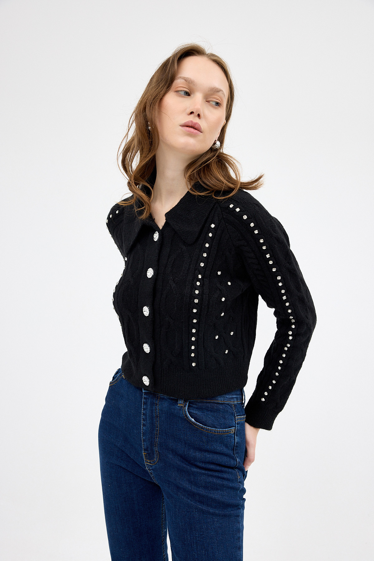 Siyah Kadın Taş İşlemeli Örgü Hırka 7265 - 2