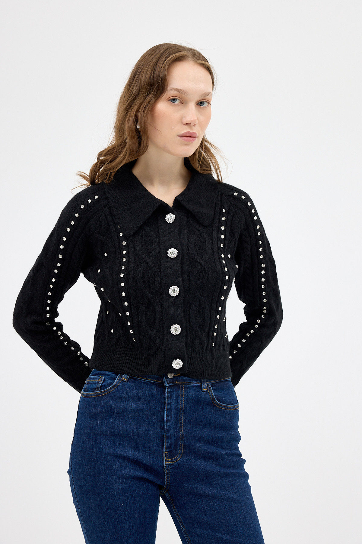 Siyah Kadın Taş İşlemeli Örgü Hırka 7265 - 6