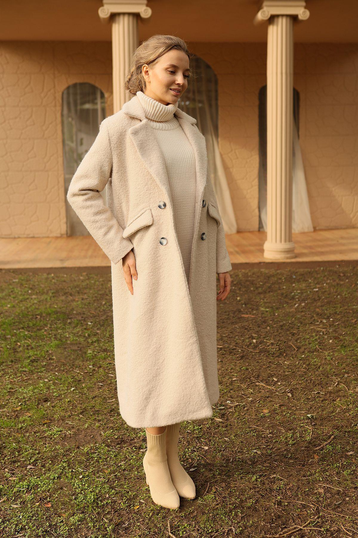 7266A Çift Düğme Cep Kapaklı Buklet Kaban Bej - 2