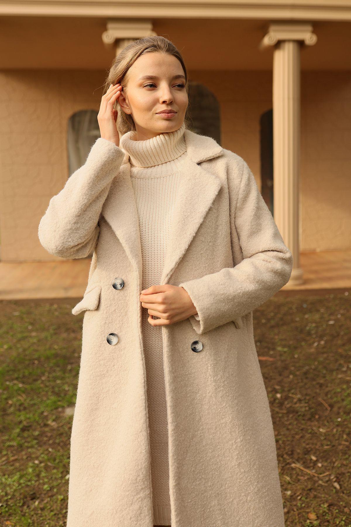 7266A Çift Düğme Cep Kapaklı Buklet Kaban Bej - 3