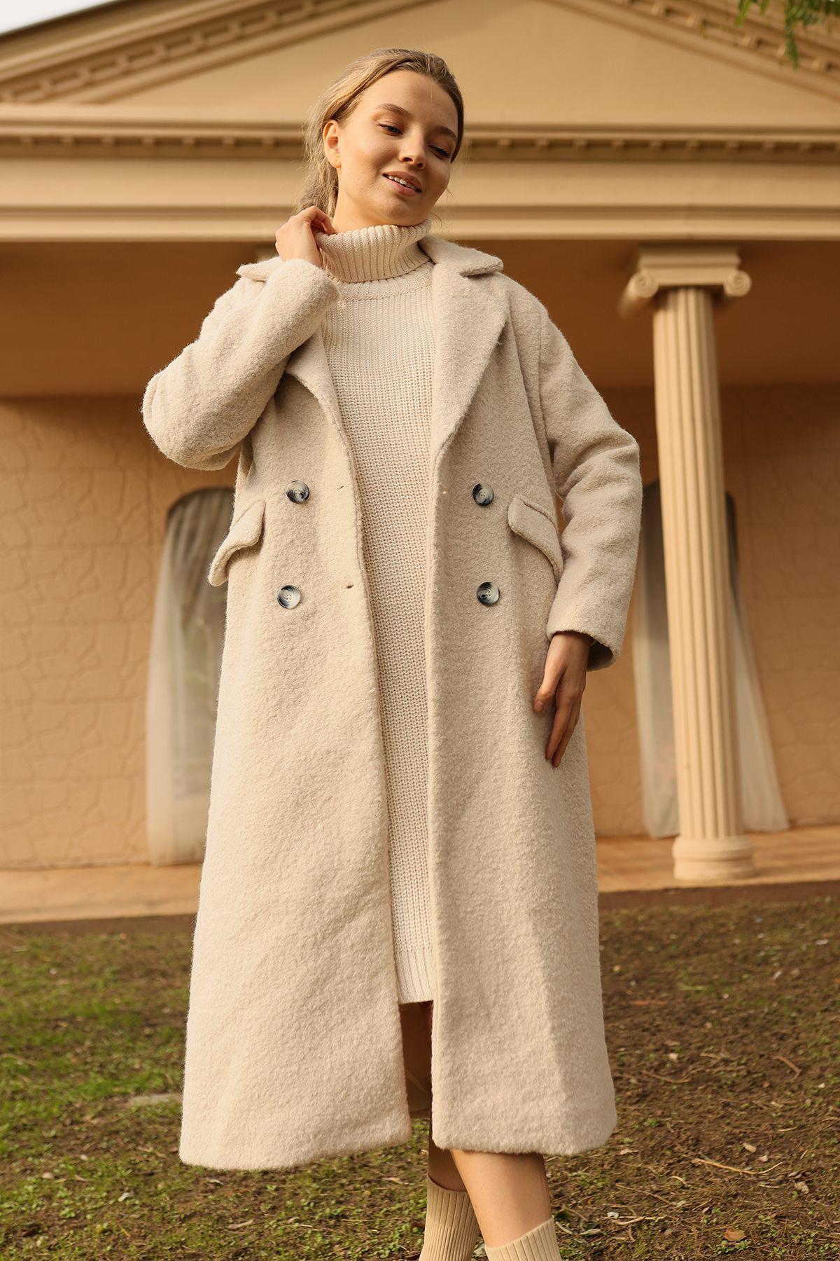 Bej Çift Düğme Cep Kapaklı Buklet Kaban 7266A - 8