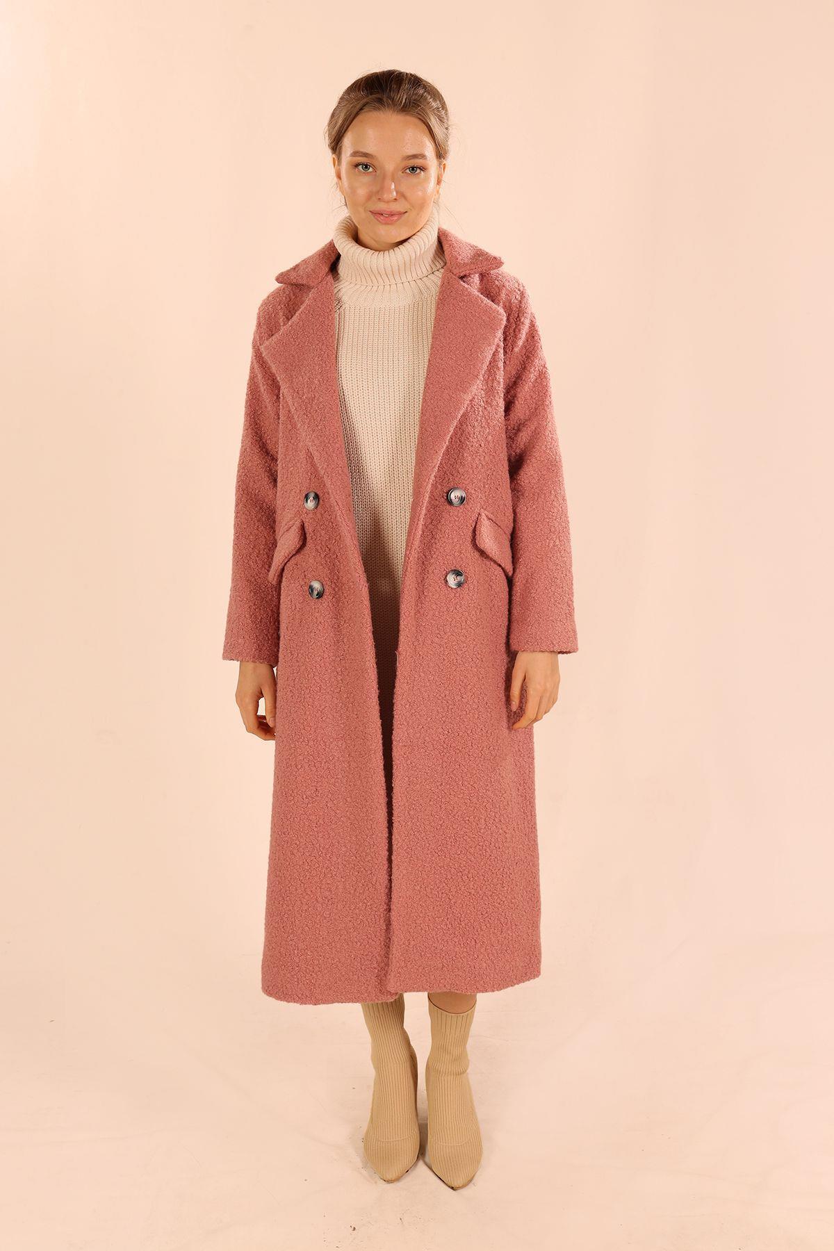 7266A Çift Düğme Cep Kapaklı Buklet Kaban Gül Kurusu - 1