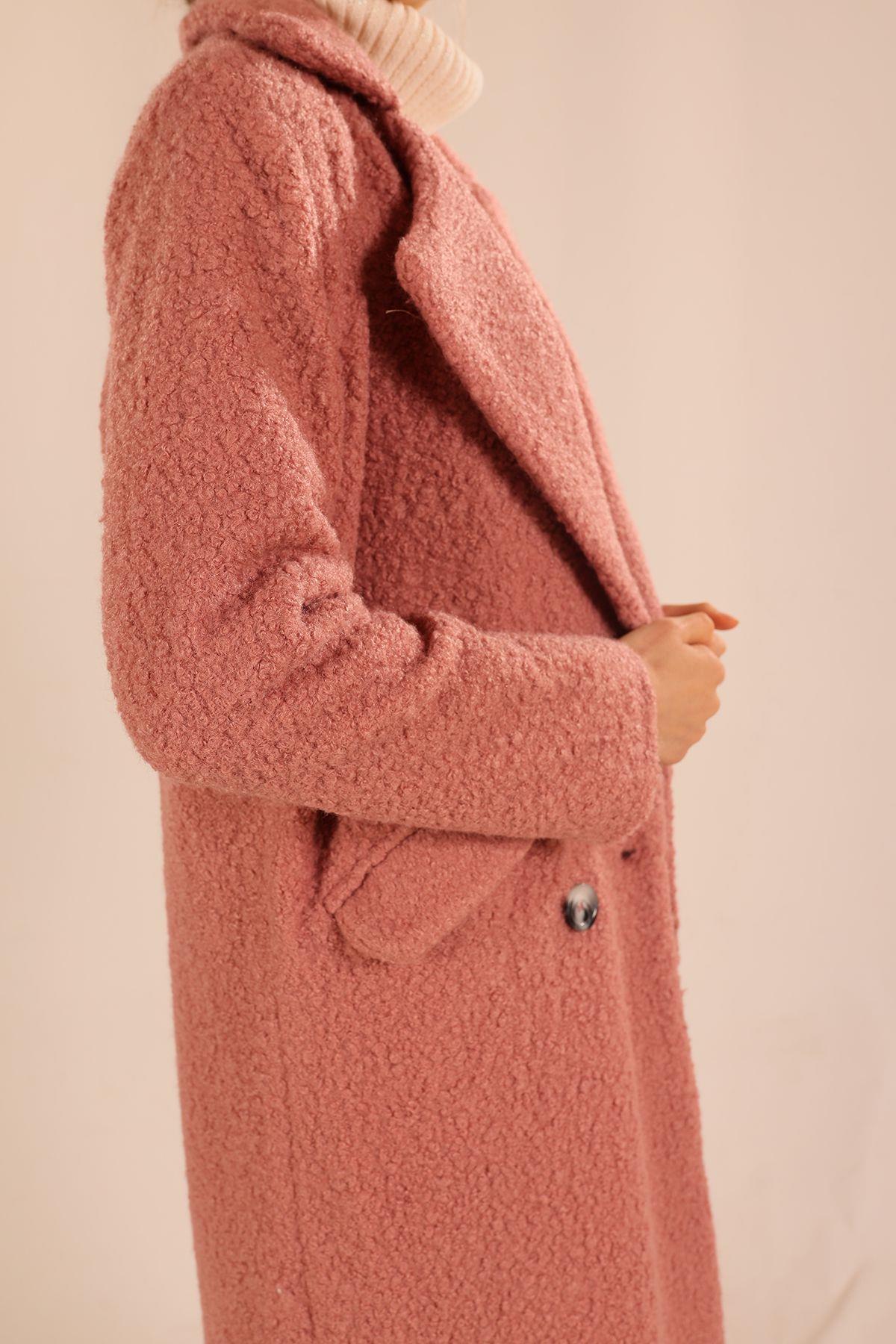 7266A Çift Düğme Cep Kapaklı Buklet Kaban Gül Kurusu - 4