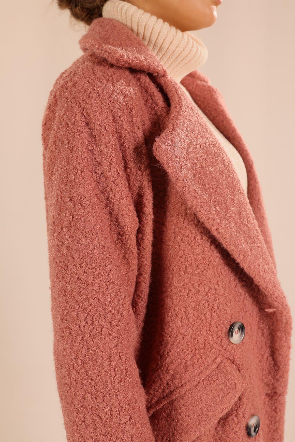 Gül Kurusu Çift Düğme Cep Kapaklı Buklet Kaban 7266A - 3